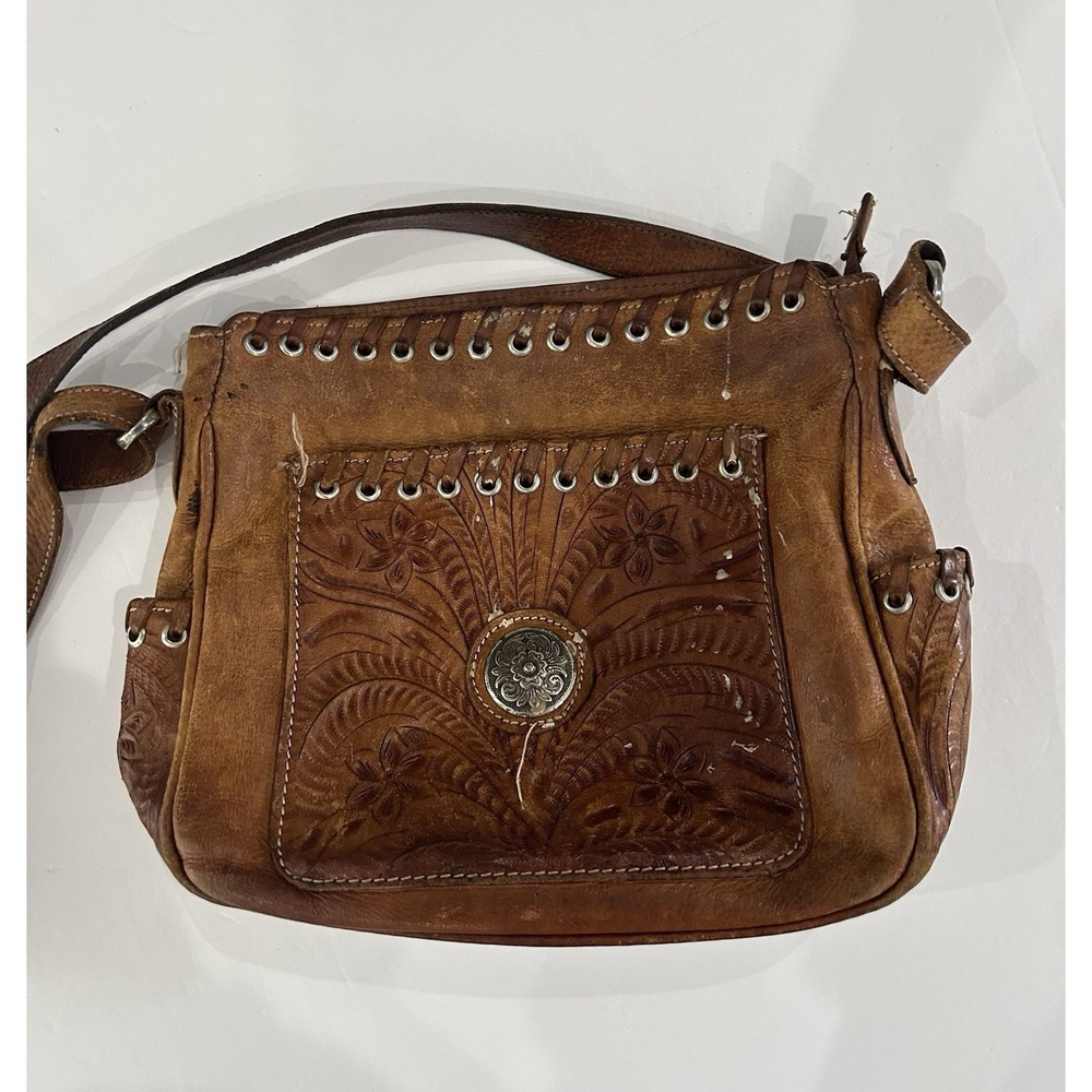 Vintage American West genuine leather shoulder purse bag Hand Tooled - Flaws